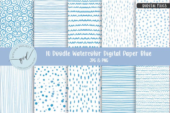 Doodle Watercolor Digital Paper Blue 1 for Illustrations