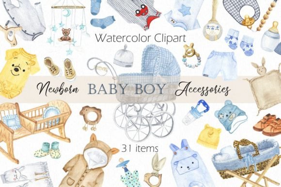 Watercolor Newborn Baby Boy Accessories: Premium Illustrations
