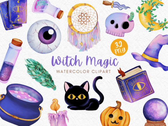 Witch Magic Watercolor Clipart for Branding & Illustrations